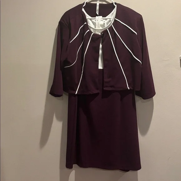 Maroon Dress with White Trim and maroon cropped blazer. Size 14W. - Picture 1 of 7